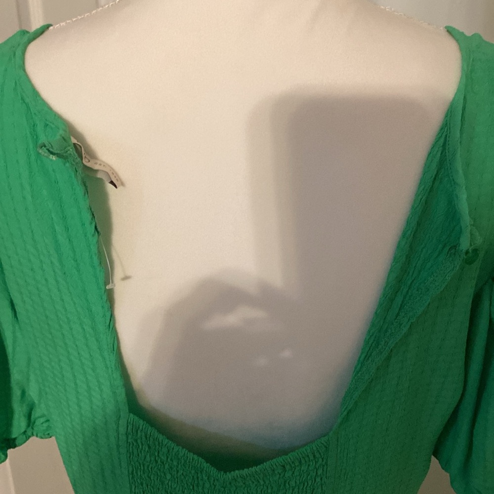 Green Smocked Puff Sleeve Midi Dress Open Back Cottagecore XL - Picture 7 of 8